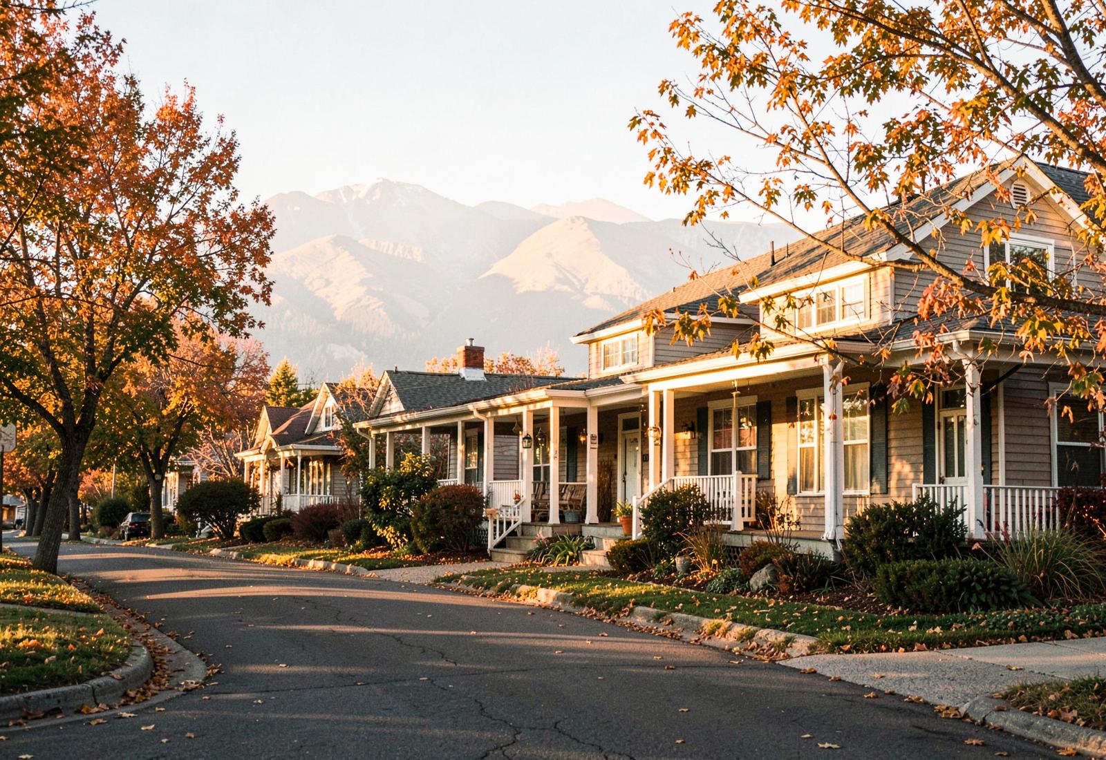 Tree lined Denver street of front porch homes with the Rockies behind them