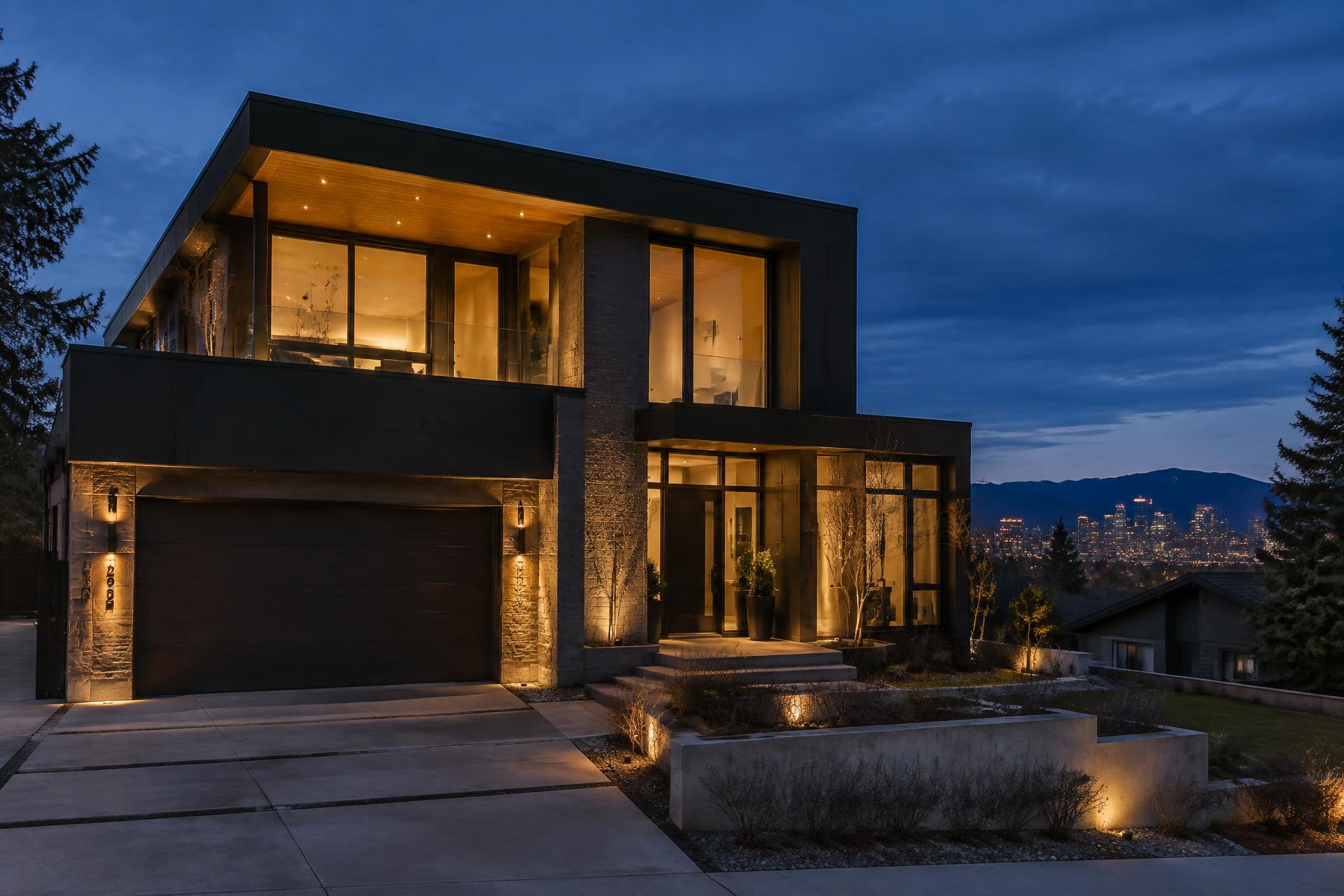 Modern Denver home lit at dusk with the city skyline behind it