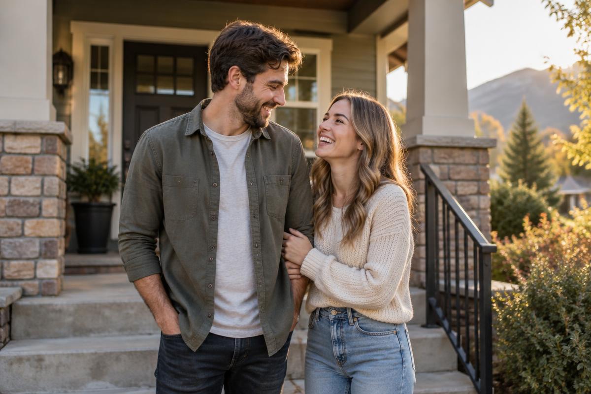 Young couple laughing on the front steps of their Colorado craftsman home